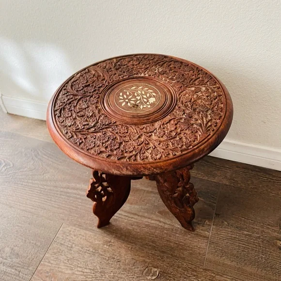 Vintage Indian Hand Carved Wooden Folding Side Table 13 Inch Tall - Picture 2 of 12